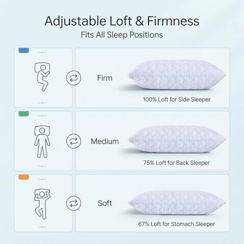 Meoflaw Queen Size Adjustable Memory Foam Pillow Set of 2 - Removable Washable Cover, Medium Firm for Back Side & Stomach Sleepers