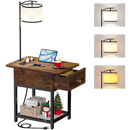 Runjuly Floor Lamp with Table & Charging Station - Rustic Brown, 1 Variation