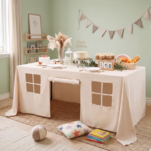 Large Kids Playhouse Tablecloth - 10ft x 7.5ft Beige Play Fort with Windows & Doors