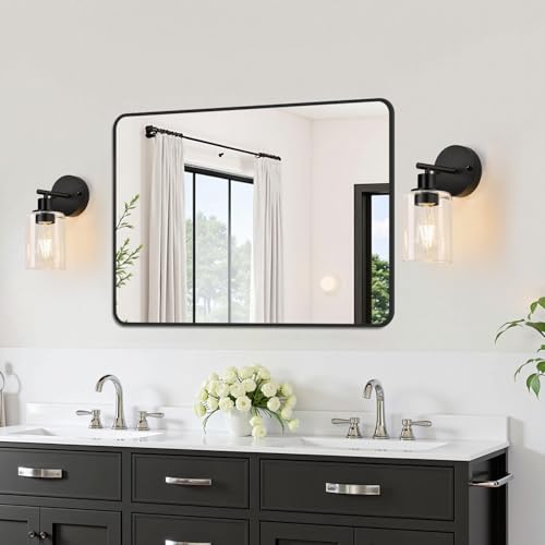 Matte Black Wall Sconces Set of 2 with Clear Glass Shades - Reversible Mounting Bathroom Vanity Lights