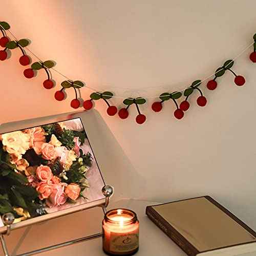 3 Pack Cherry Garland Decoration Felt Cherries Birthday Garlands Banner DIY Fruit Hanging Decorations Home Decor Garland Decorations for Christmas Birthday Wedding Fireplace Decor