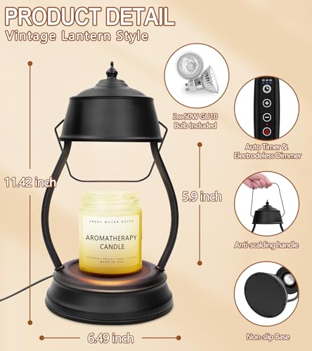 YULOFMVE Black Vintage Lantern Candle Warmer Lamp with Timer & 2 Bulbs