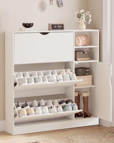 White Shoe Cabinet for Entryway with 3 Flip Drawers & Adjustable Side Shelf