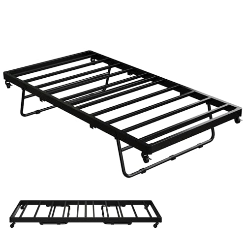 Twin Stand-Up Trundle Bed with Lockable Wheels - Black, Space-Saving