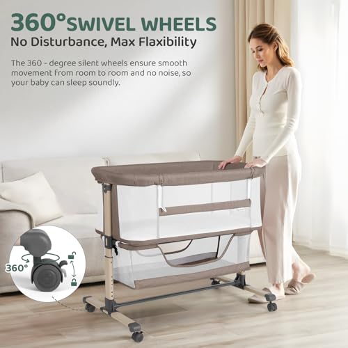 Cowiewie Khaki Bedside Bassinet Bedside Sleeper, Breathable & Adjustable