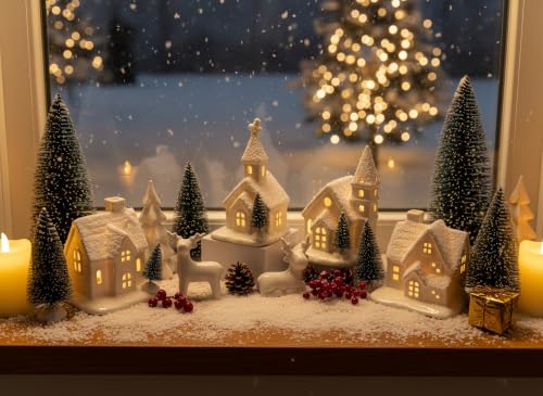 13-Piece Indoor Christmas Village Set with Ceramic Houses & Snowy Trees