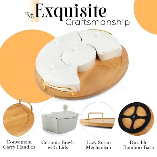 Chip and Dip Serving Set with 5 Bowls & Lazy Susan - 13.5" Ceramic Tray