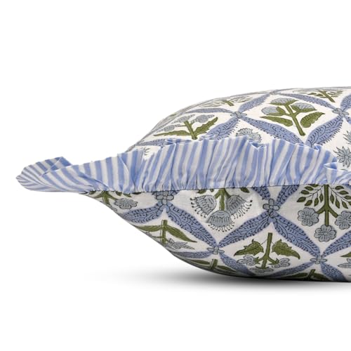 Light Steel Blue Block Print Ruffle Pillow Covers 18x18 Inch Set of 2 - Cotton Decorative Throw Pillows