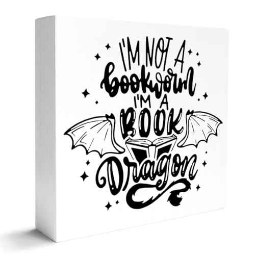 Book Lover Decor Wooden Box Sign, Reader Bookworm Bookish Desk Decoration Home Bedroom Office Bookshelf Decor, I'm A Book Dragon, Book Lover Nerd Librarian Gifts for Teens Women Men, White