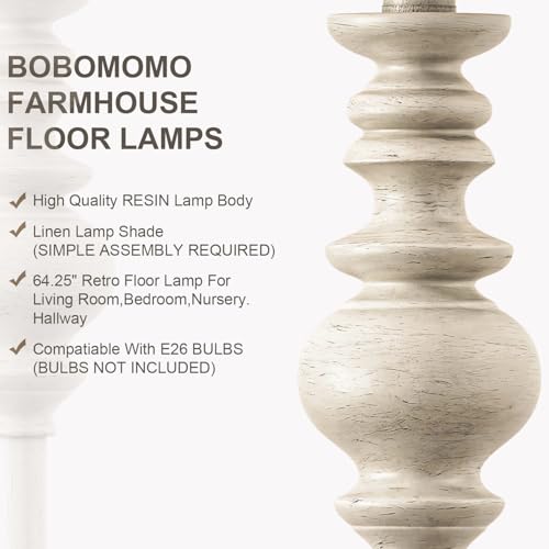 Farmhouse Floor Lamp 64.25-Inch Tall Antique White Standing Light for Living Room & Bedroom - Rustic Corner Lamp with Rotary Switch