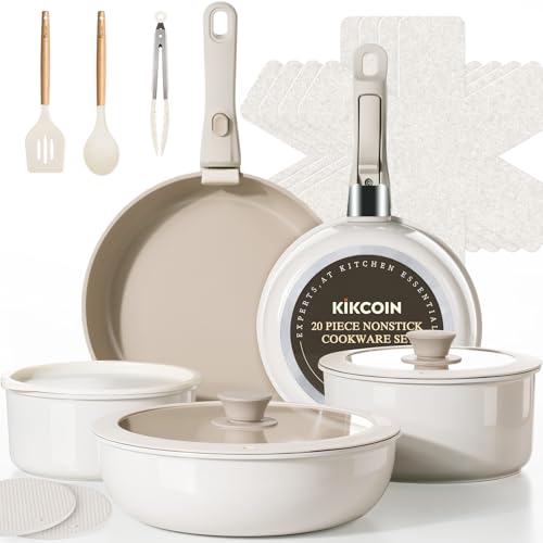 Nonstick Cookware Set with Detachable Handles - 20 Pack Beige Taupe