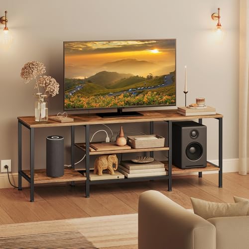 55 Inch Rustic Brown & Black TV Stand with Power Outlets, Open Shelves - Supports 65" TV