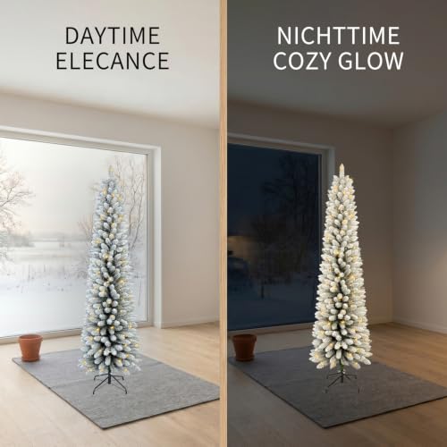 MAKEATREE 5ft Pre-Lit Flocked Pencil Christmas Tree - Slim 19in Width, Warm LED