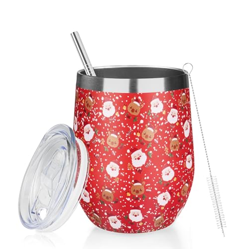 GUDEMAO 1 Pack Christmas Red 12 oz Insulated Stainless Steel Wine Tumbler with Lid & Straw