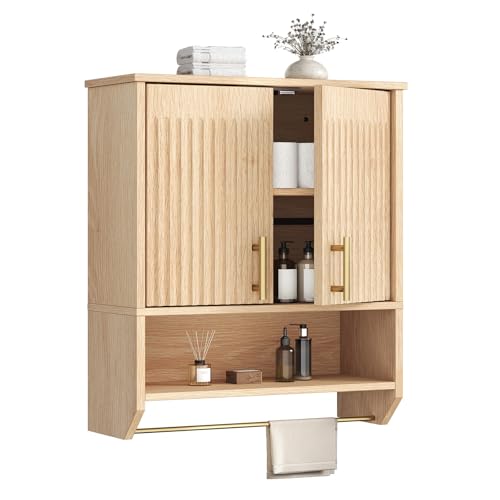 Narrow Bathroom Wall Cabinet with Towel Rack - Farmhouse Fluted Style, Natural, 15.7"L x 7.9"W x 22.4"H