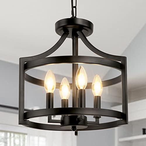 4-Light Farmhouse Chandelier Black Semi Flush Mount Ceiling Light - Adjustable Height, Rustic Style