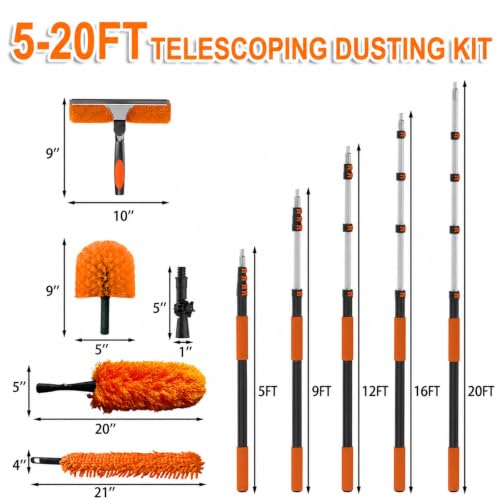 20FT Extendable Dusting Kit with Long Reach Pole, Cobweb & Microfiber Dusters