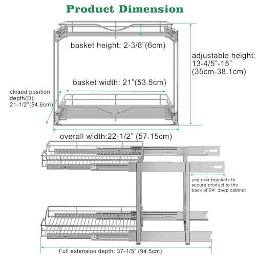 DINDON Chrome Pull Out Cabinet Organizer 22.5" W x 21.5" D - 2 Tier Kitchen Shelves