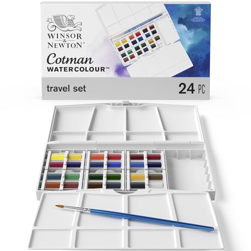 Winsor & Newton Cotman Watercolor Paint Set 24 Half Pan Studio Set - Includes Brush