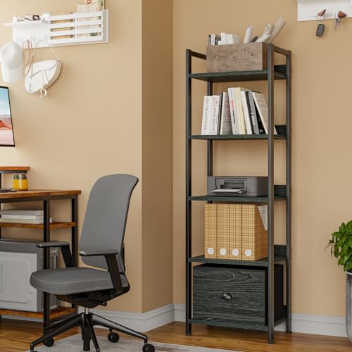 Furologee Black Oak 5-Tier Narrow Bookshelf with Drawer - Tall Storage Rack