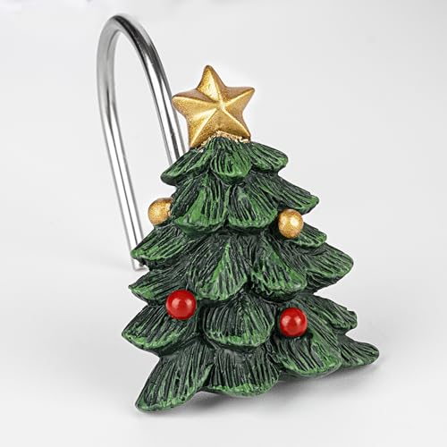 Christmas Tree Shower Curtain Hooks Set of 12 with Star - Holiday Bathroom Decor