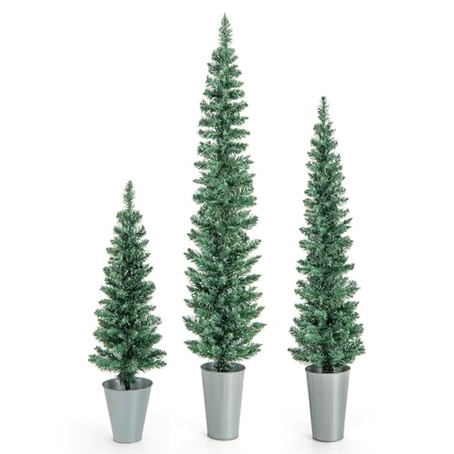Set of 3 Slim Potted Artificial Christmas Trees with Iron Buckets, Outdoor Yard Decor