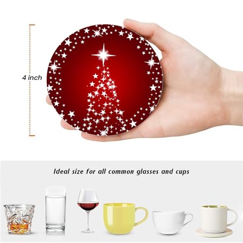 Christmas Tree Sparkling Stars Coasters Set of 6 with Metal Holder, Absorbent Ceramic Holiday Drink Coasters