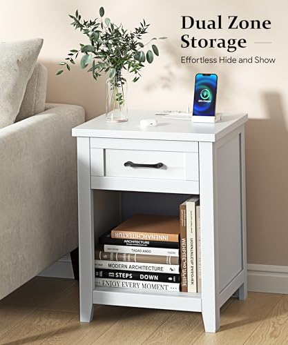 Decofy Farmhouse Nightstand with Charging Station - Pure White, 1 Drawer