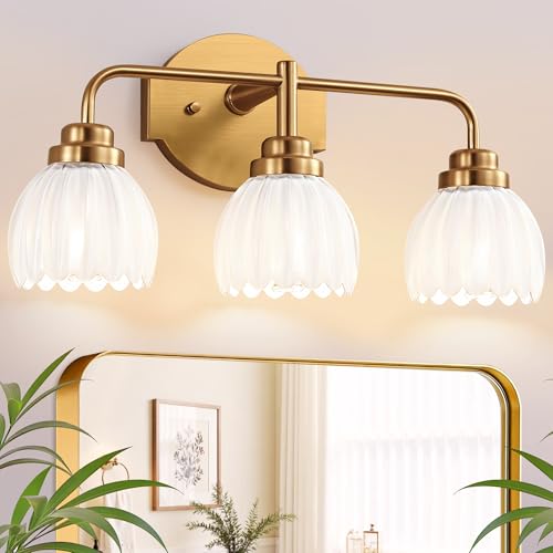Gold Bathroom Light Fixture 3-Light Vintage Vanity Over Mirror - Brush Gold & Milk, 19.2 Inch
