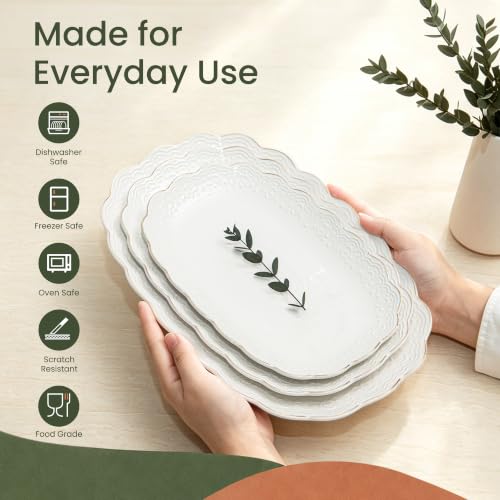 Kassel Large Oval Ceramic Serving Platter Set - 16”, 14”, 12” Extra Large Trays for Entertaining & Weddings