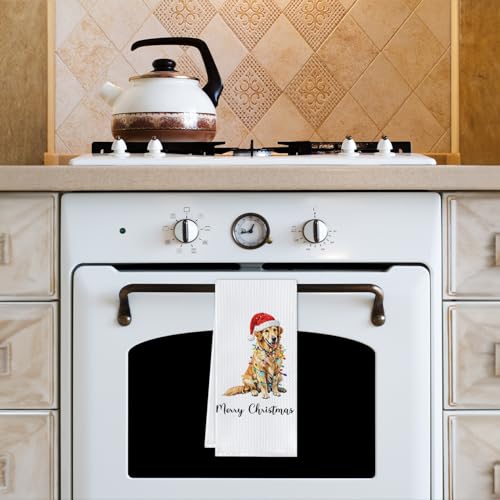 Golden Merry Christmas Dog Kitchen Towels (Cilrii) 16x24 – Gifts for Golden Retriever Lovers