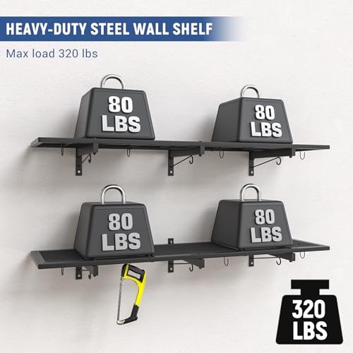 Riciakik 2 Pack Heavy Duty Garage Wall Shelves 46x12.5inch with 8 Hooks, Max Load 320LBS