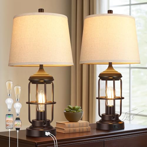 QiMH 23-Inch Set of 2 Farmhouse Industrial Nightstand Lamps with USB Ports, Oil Rubbed Bronze