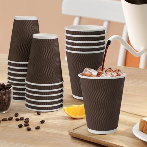 Clawsoff 12 oz Disposable Paper Coffee Cups - Brown, 100 Pack, Insulated, Hot & Cold Drinkware