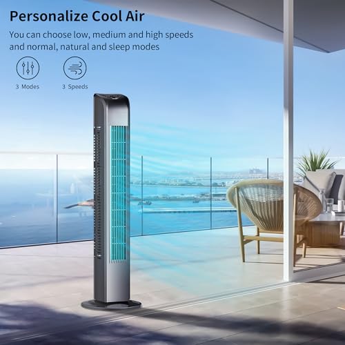 Uthfy Black Oscillating Tower Fan with Remote, 3 Modes & 3 Speeds, 7.5H Timer, Quiet Cooling for Bedroom & Living Room
