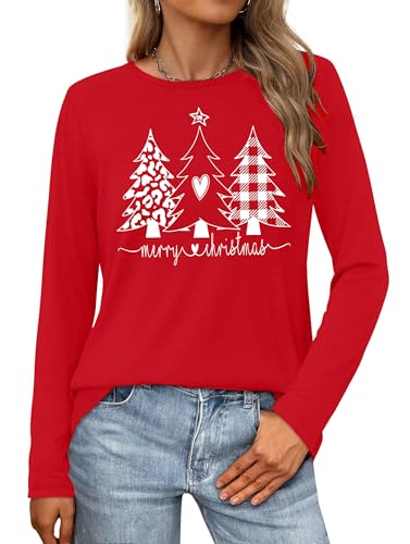 MEESHEEP Merry Christmas Shirts for Women X-Large Red Plaid Xmas Trees Graphic Tee