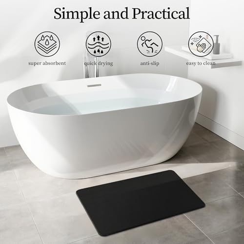 THMINS Black Stone Bath Mat 24x16 Inches Non-Slip Diatomaceous Earth Shower Rug