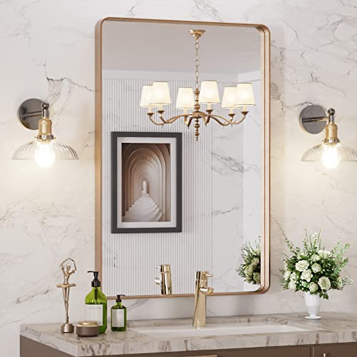 LOAAO 24x36 Inch Gold Bathroom Mirror - Modern Wall Mounted Vanity Mirror with Aluminum Frame