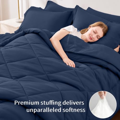Navy Blue Full Size Comforter Set - 7 Pieces, Soft Bed in a Bag, Diamond Quilt