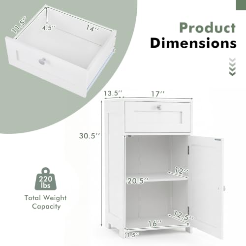 GIANTEX Bathroom Floor Cabinet with Door and Drawer - White, 13.5 x 17 x 30.5 Inches
