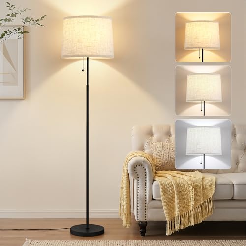 Tall Floor Lamp with Linen T-Shades & Black Pole - Modern 60-Inch Standing Light with 3 CCT Modes