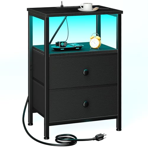 LOAKEKEL Black Two-Drawer LED Nightstand with Charging Station
