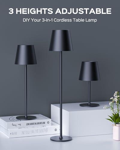 JACKYLED 2 Pack Cordless Rechargeable Table Lamps with 3 Height Settings, 3 Light Colors, Dimmable, Black Base