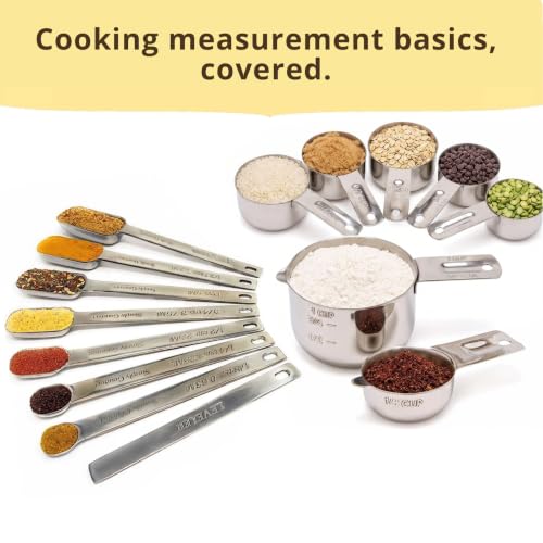 15 Piece Stainless Steel Measuring Cups and Spoons Set - Stackable Kitchen Gadgets for Liquid & Dry Ingredients - Includes Leveler - Dishwasher Safe - Premium Quality