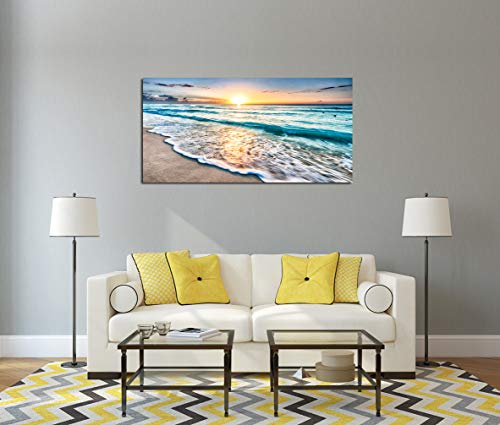 Baisuart Sunset Beach Waves Canvas Wall Art 40x20 Inch Framed Decoration