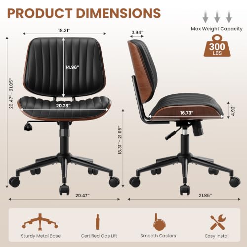 Black Armless Office Chair - Modern PU Leather Swivel Desk Chair with Walnut Bentwood Back & Height Adjustment - Set of 1