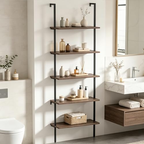 Rustic Brown 5-Tier Wall-Mounted Ladder Shelf Set - Industrial Wood Bookcase, 2PCS