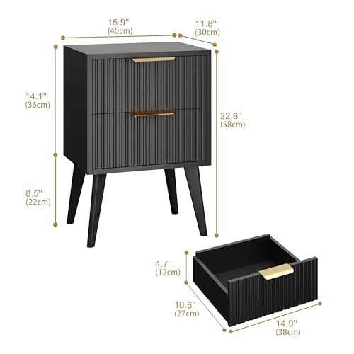 YAUKOMEL Fluted Nightstand with 2 Drawers - Black Bedside Table, Modern Design