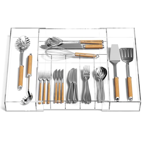 NIUBEE Acrylic Clear Utensil Silverware Tray for Drawer - Expandable & Adjustable