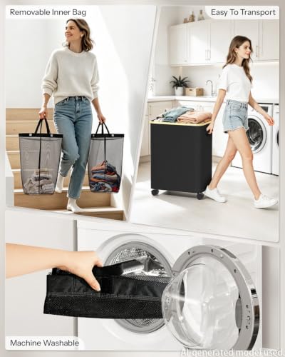 Black 150L Double Laundry Basket with Wheels & Lid - Household Sorter
